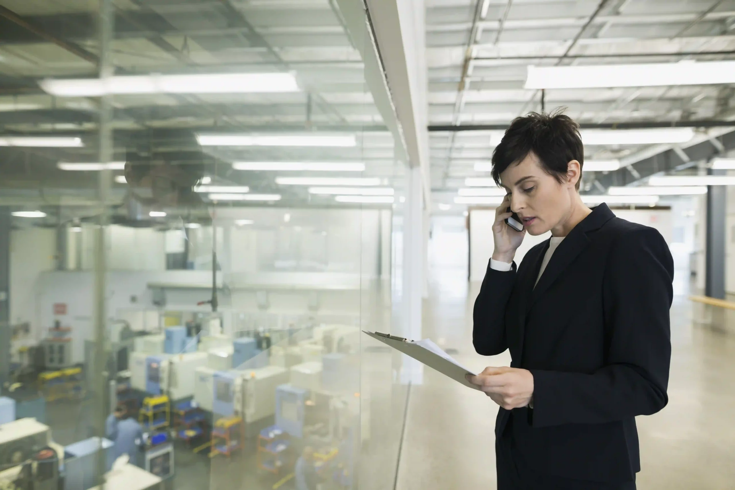 Manager with clipboard talking on cell phone factory