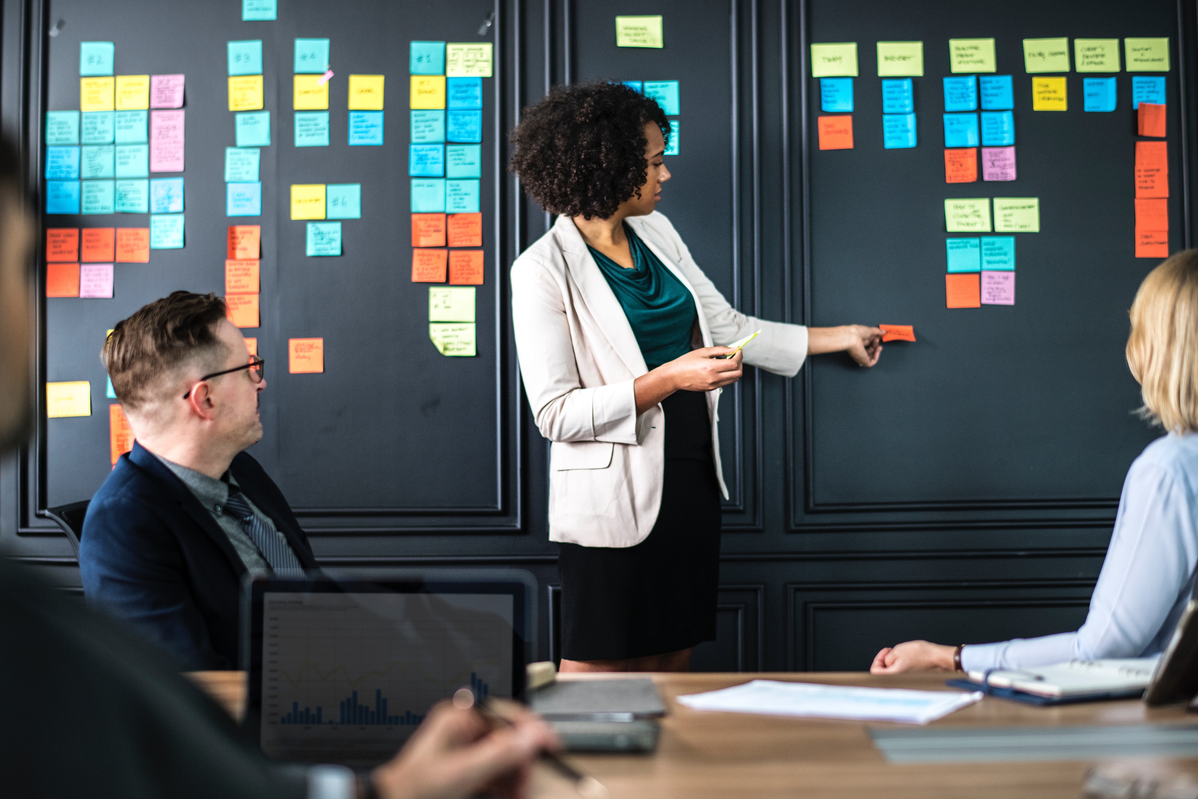 Coworkers discuss action items on a board