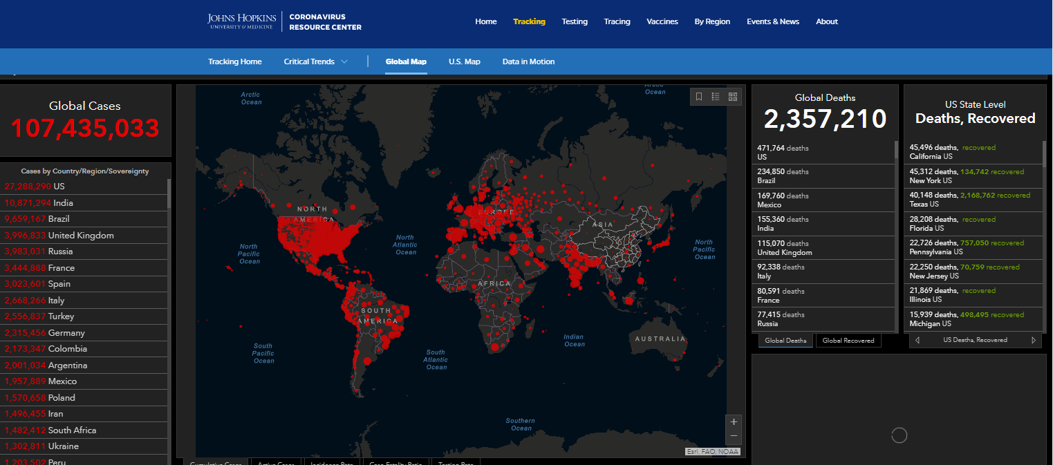 John Hopkins Covid-19 tracker screenshot 11th Feb 2021