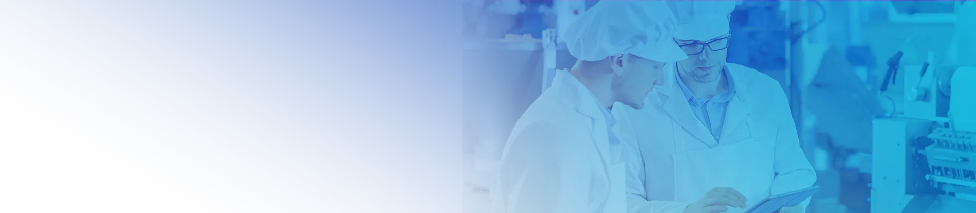 Food & Beverage banner - Food Technicians are Inspecting the Automated Production at a Dumpling Food Factory. Employee Uses a Tablet Computer for Work. They Wear White Work Robes. stock photo